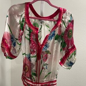 Bebe Vibrant Floral Blouse - Pink and Green